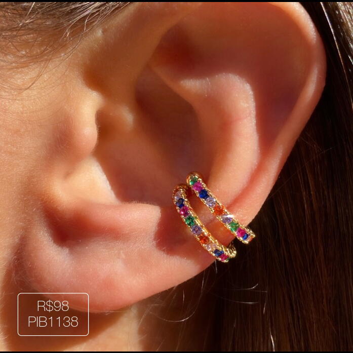 Par de Piercing 1 Carreira Cravejado Rainbow Dourado